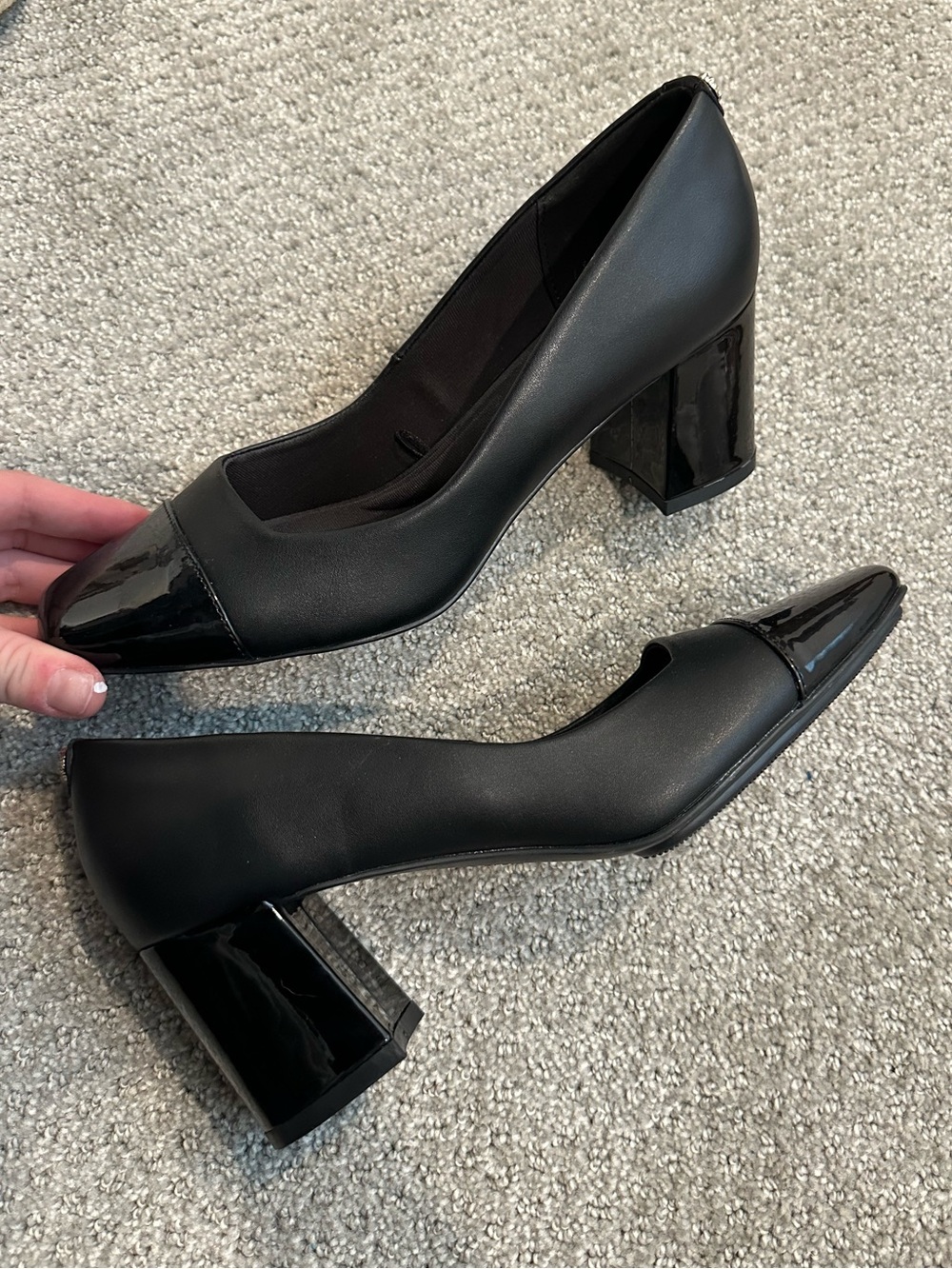 Anne Klein Black Leather Pumps with Patent Cap Toe and Block Heel